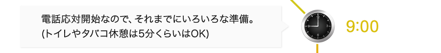 電話応対開始なので、それまでにいろいろな準備。(トイレやタバコ休憩は5分くらいはOK)